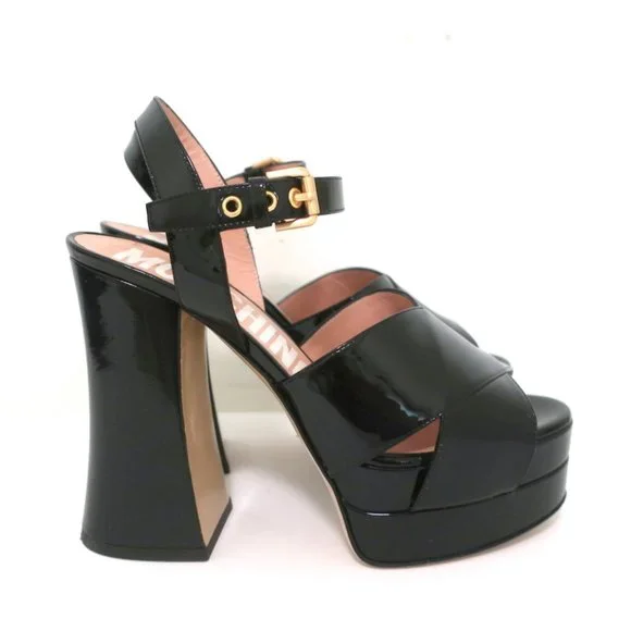 MOSCHINO PLATFORM FLARE-HEEL SANDALS BLACK PATENT LEATHER SIZE 38.5 - Picture 3 of 11